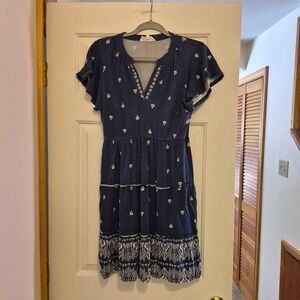 Lucky Brand Blue Tiered Embroidered V Neck Midi Dress Women's Size Medium